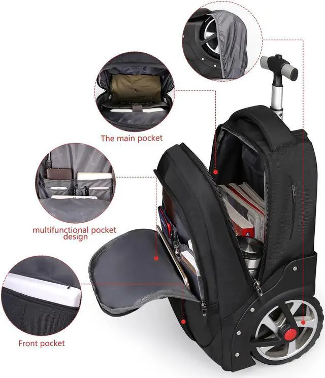 Alt view image 5 of 5 - Rolling ,Waterproof Backpack with Wheels for Business, College Student and Travel Commuter, Carry on Backpack with Laptop Compartment, Fit 17 Inch Laptop, Wheeled Backpack for Adults