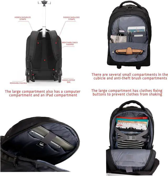 Alt view image 4 of 5 - Rolling ,Waterproof Backpack with Wheels for Business, College Student and Travel Commuter, Carry on Backpack with Laptop Compartment, Fit 17 Inch Laptop, Wheeled Backpack for Adults