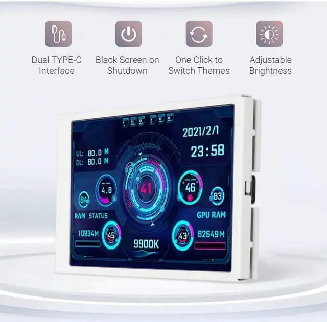 Alt view image 3 of 5 - Yunseity Computer Temp Monitor, AIDA64 PC CPU Hard Disk Real Time Data Monitor, 3.5 Inch IPS USB Mini Screen PC Sensor Panel Display with USB Type C Port (White)