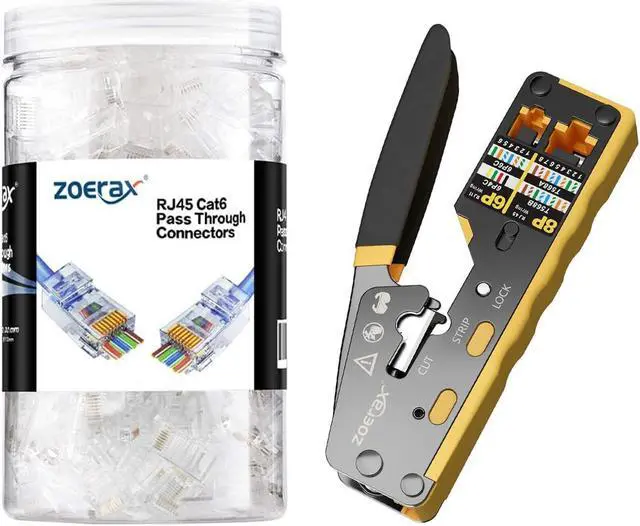 Main image of ZOERAX 200-Pack RJ45 Cat6 Pass Through Connector and RJ45 Crimp Tool