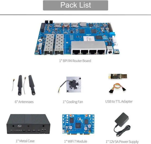 Alt view image 2 of 5 - BPI-R4 OpenWRT Router WiFi 7 Version - 4GB RAM 8GB ROM 2x10G SFP/4xGbE Port Provide WIFI7 Expand - MediaTek MT7988A, OS Support OpenWRT Debian etc
