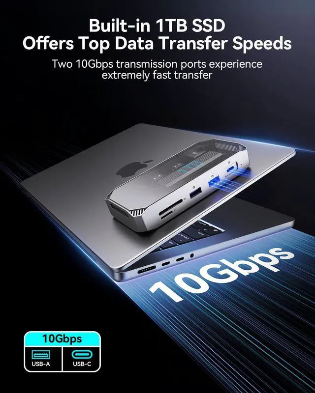 Alt view image 3 of 5 - Yottamaster MJ10 1TB External SSD with 10 Ports Extension, USB C Hub with 1TB M.2 NVMe SSD, Up to 1000MB/s, USB C HUB Adapter 10Gbps Support 4K@60Hz HDMI, 100W PD, SD/TF Card Reader, Ethernet