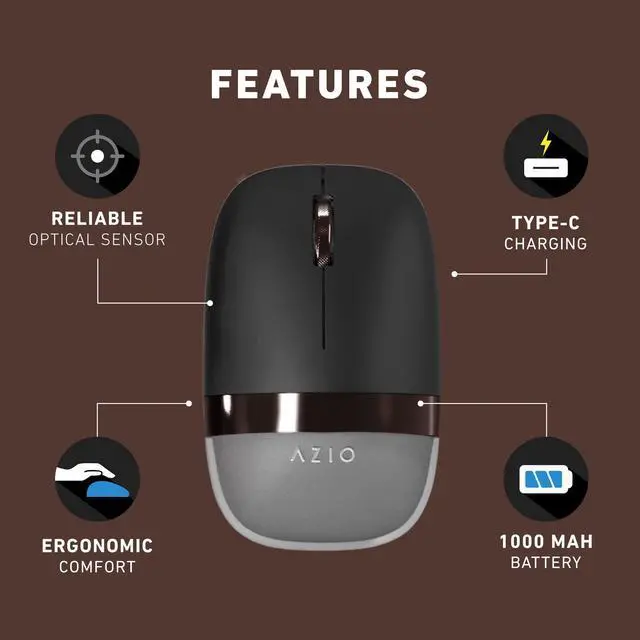 Alt view image 5 of 5 - Azio IZO Wireless Optical Mouse - Bluetooth 3.0 & 5.0/2.4G RF-USB, Ambidextrous Design, PixArt PAW3212 Sensor, 1000/1600/2400 DPI, Rechargeable, Black & Dark Bronze - PC & Mac, Black Willow (IM404)