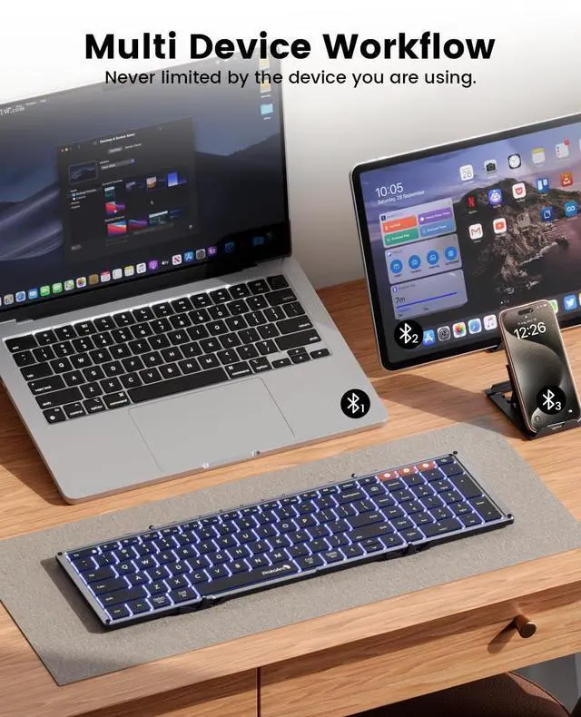 Alt view image 5 of 5 - ProtoArc XK01 Plus Backlit Foldable Keyboard with EM05 NL Vertical Wireless Trackball Mouse