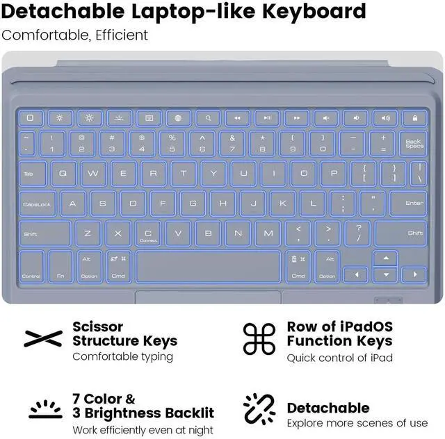 Alt view image 3 of 5 - Nillkin iPad A16 (11th Gen) / 10th Gen Case with Detachable Keyboard, Magic Trackpad, 7-Color Backlit, Portrait/Landscape Modes, Rugged Keyboard Case for iPad 11th / 10th Generation (2025/2022), Gray