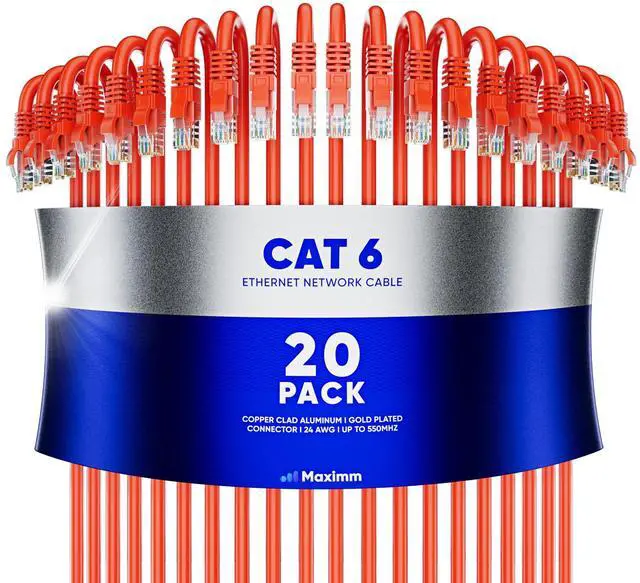Main image of Maximm Cat 6 Ethernet Cable 12 ft (20-Pack) - High-Speed LAN Cable, Internet Cable, Patch Cable, and Network Cable - UTP, 10Gbps, 550MHz Ethernet Cord - Orange