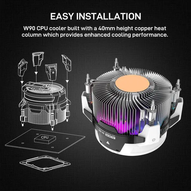 Alt view image 4 of 5 - ALSEYE W90 CPU Cooler, Temperature Displayed CPU Cooler for Small Size PC Case with Powerful 90mm ARGB Lighting Fan and 40mm High-Performance Heat Column Inside (W90 AMD Version)