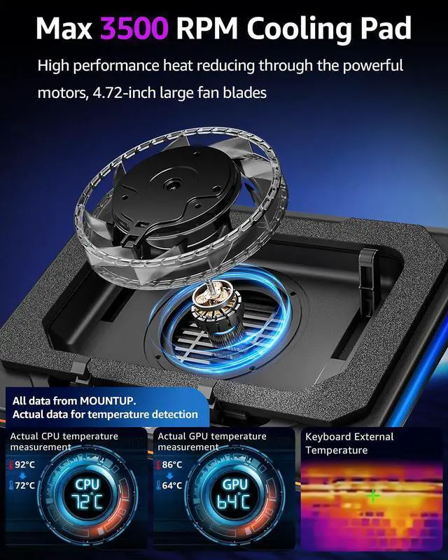 Alt view image 3 of 5 - MOUNTUP RGB Laptop Cooling Pad for 13-19 Inch, Max 3500RPM Gaming Laptop Cooler, Cooling Pad Stand with Touch Switch to Control Speed, Laptop Fan Cooling Pad with Powerful 4.72 Inch Turbo Fan