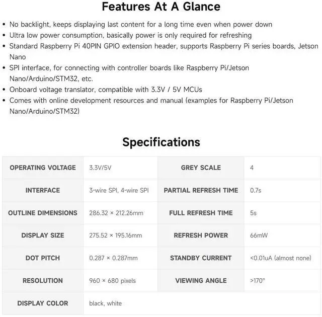 Alt view image 4 of 5 - Waveshare 13.3inch E-Ink Display HAT (K) for Raspberry Pi, SPI Interface, Low Power Consumption, Wide Viewing Angle, Paper-Like Displaying Without Electricity
