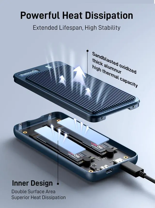Alt view image 2 of 5 - Dual Bay Raid SSD Enclosure: 2280 M2 Hard Drive Enclosure with Clone Mode & Raid 0/1 & JBOD Mode, 20Gbps Compatible to PCIe NVMe Harddrive Cloning HDD, Offline Duplicator