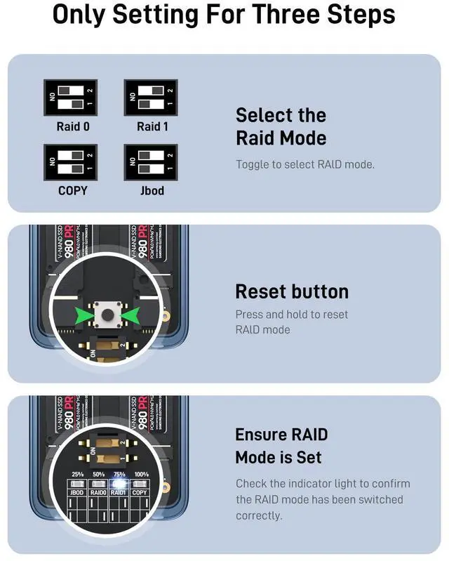 Alt view image 5 of 5 - Dual Bay Raid SSD Enclosure: 2280 M2 Hard Drive Enclosure with Clone Mode & Raid 0/1 & JBOD Mode, 20Gbps Compatible to PCIe NVMe Harddrive Cloning HDD, Offline Duplicator