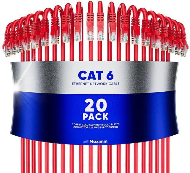 Main image of Maximm Cat 6 Ethernet Cable 12 ft (20-Pack) - High-Speed LAN Cable, Internet Cable, Patch Cable, and Network Cable - UTP, 10Gbps, 550MHz Ethernet Cord - Red