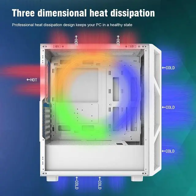 Alt view image 2 of 5 - RUIX CV103 ATX Mid-Tower PC Case, Pre-Installed 4 x 120mm RGB Fans, RGB Color Lighting, Tempered Glass, USB 3.0, Gaming Computer Case, High-Airflow - White