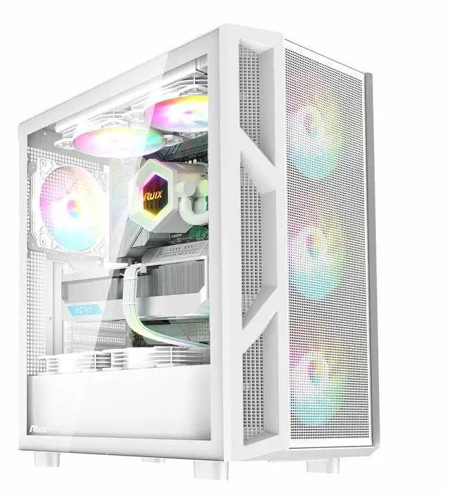 Main image of RUIX CV103 ATX Mid-Tower PC Case, Pre-Installed 4 x 120mm RGB Fans, RGB Color Lighting, Tempered Glass, USB 3.0, Gaming Computer Case, High-Airflow - White