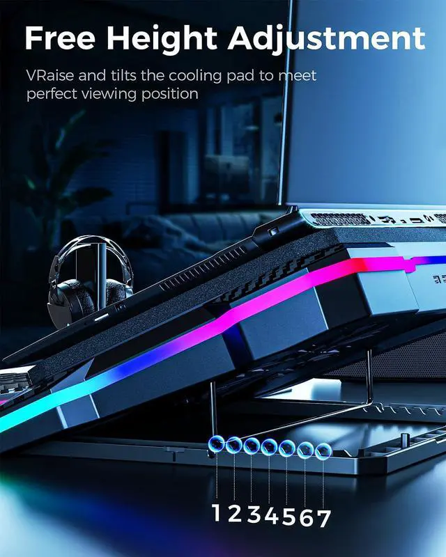 Alt view image 4 of 5 - KeiBn Gaming Laptop Cooling Pad, Laptop Cooling Stand with 5.5inch Cooling Fan, Rapid Cooling Fan Laptop 15.6-19.3inch, Infinitely Variable Speed, 7 Height Stands, 2 USB Ports-K1 5V