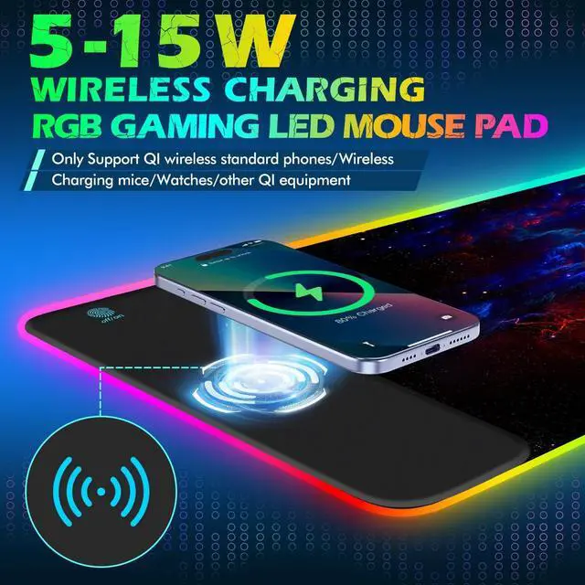 Alt view image 2 of 5 - ToLuLu RGB Wireless Charging Gaming Mouse Pad, 7.5/10/15W 10 Light Modes LED Mouse Pad Computer Keyboard Mat Mousepad, 800x300x4MM Extended Large Desk Pad Desk Mat for Gamer, Red Blue Galaxy