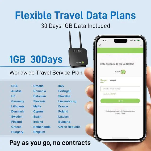 Alt view image 5 of 5 - KiwiSIM 4G LTE WiFi Router with 1GB Data Card, Portable Modem WiFi Router, 300Mbps WiFi, Supports Verizon, AT&T and T-Mobile, 3000mAh Battery, WiFi Mobile Hotspot Router for Home/RV/Office/Camping