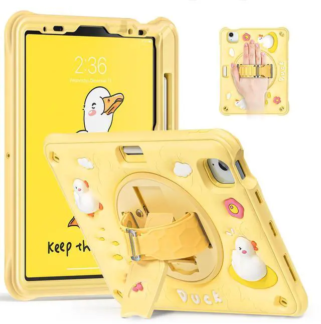 Main image of Batianda Kids Case for iPad Air 11 inch 2024 2025 Air 5th Adorable 3D Duck Design Silicone Durable Multi-Layer Protection, 360° Rotating Hand Strap and Kickstand, Built-in Pen Slot, Safe and Fun Use