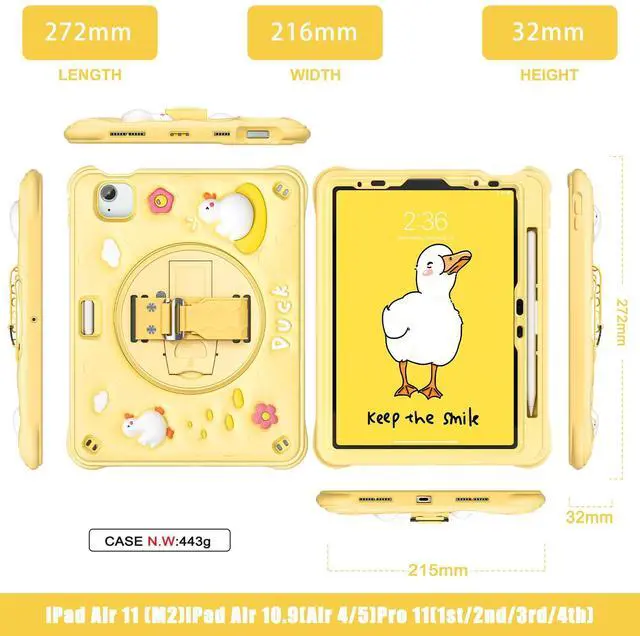Alt view image 2 of 5 - Batianda Kids Case for iPad Air 11 inch 2024 2025 Air 5th Adorable 3D Duck Design Silicone Durable Multi-Layer Protection, 360° Rotating Hand Strap and Kickstand, Built-in Pen Slot, Safe and Fun Use