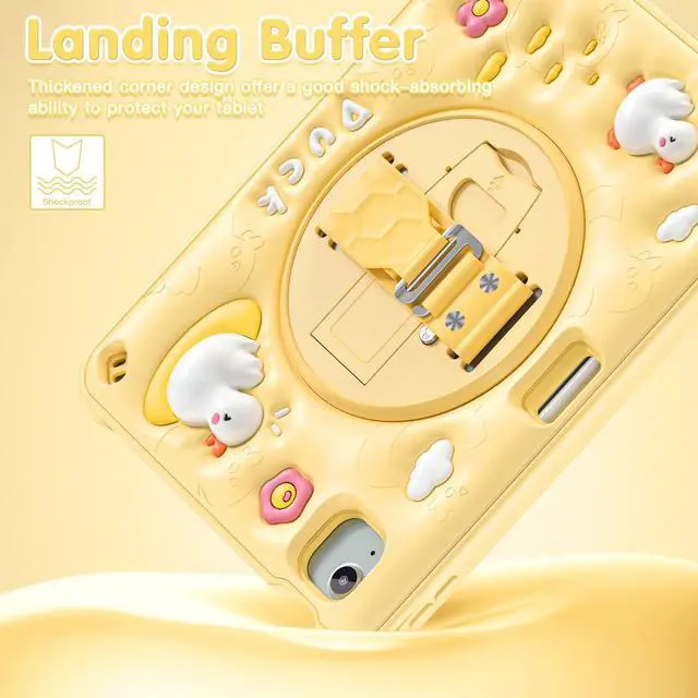 Alt view image 4 of 5 - Batianda Kids Case for iPad Air 11 inch 2024 2025 Air 5th Adorable 3D Duck Design Silicone Durable Multi-Layer Protection, 360° Rotating Hand Strap and Kickstand, Built-in Pen Slot, Safe and Fun Use