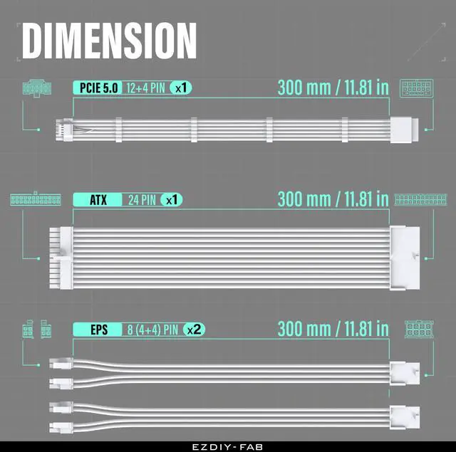 Alt view image 2 of 5 - EZDIY-FAB 12VHPWR PSU Cable Extension Kit,16AWG PCIE 5.0 Power Supply Cable Extension- 1x 24 Pin ATX /2X 8Pin (4+4) EPS / 1x12+4 Pin GPU,Sleeve Cable 300MM with Combs-All White
