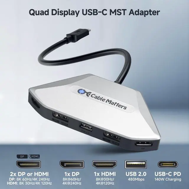 Alt view image 2 of 5 - Cable Matters 4K Quad Display USB C MST Adapter with Dual-Function HDMI 2.1/DisplayPort 2.1 Ports, Windows Only, Up to [4X 4K@60Hz, 140W Charging], USB C Hub for 4 Monitors, Thunderbolt 4/5 Compatible