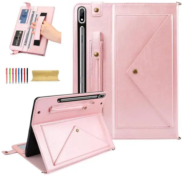 Main image of Dteck Case for Galaxy Tab S10 Plus/S9 Plus/S8 Plus+/S7 FE/S7 Plus 12.4 inch,PU Leather Fold Business Stand Protective Cover with Pen Holder Card Slots Shoulder Hand Strap Handbag Wallet Case,Rosegold