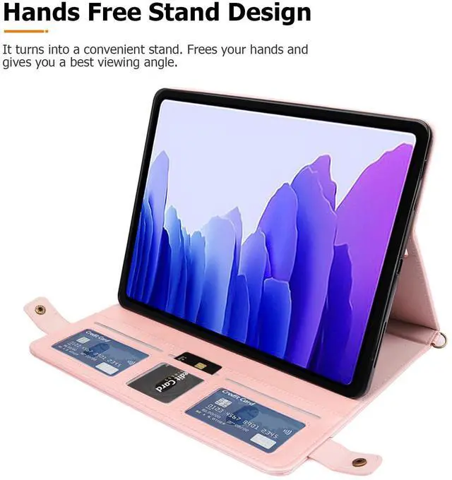 Alt view image 4 of 5 - Dteck Case for Galaxy Tab S10 Plus/S9 Plus/S8 Plus+/S7 FE/S7 Plus 12.4 inch,PU Leather Fold Business Stand Protective Cover with Pen Holder Card Slots Shoulder Hand Strap Handbag Wallet Case,Rosegold