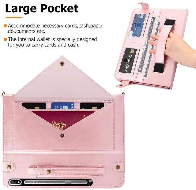 Alt view image 3 of 5 - Dteck Case for Galaxy Tab S10 Plus/S9 Plus/S8 Plus+/S7 FE/S7 Plus 12.4 inch,PU Leather Fold Business Stand Protective Cover with Pen Holder Card Slots Shoulder Hand Strap Handbag Wallet Case,Rosegold