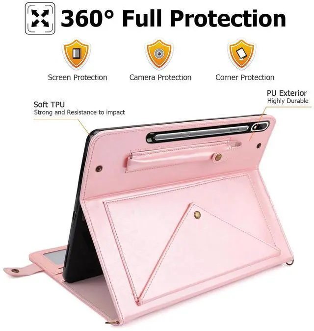 Alt view image 5 of 5 - Dteck Case for Galaxy Tab S10 Plus/S9 Plus/S8 Plus+/S7 FE/S7 Plus 12.4 inch,PU Leather Fold Business Stand Protective Cover with Pen Holder Card Slots Shoulder Hand Strap Handbag Wallet Case,Rosegold