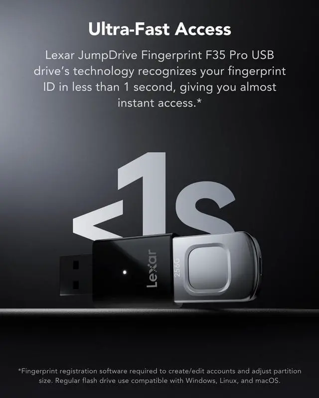 Alt view image 4 of 5 - Lexar 256GB JumpDrive Fingerprint F35 PRO USB 3.2 Gen 1 Flash Drive, Up to 400/350 MB/s Read/Write, Storage Expansion and Backup, 256-bit AES & Fingerprint Encryption (LJDF35P256G-RNBNG)
