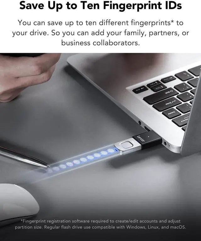 Alt view image 3 of 5 - Lexar 256GB JumpDrive Fingerprint F35 PRO USB 3.2 Gen 1 Flash Drive, Up to 400/350 MB/s Read/Write, Storage Expansion and Backup, 256-bit AES & Fingerprint Encryption (LJDF35P256G-RNBNG)