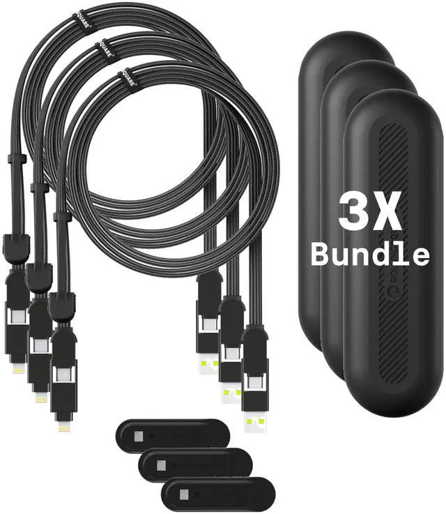 Main image of Rolling Square New inCharge XL 6-in-1, (3X Pack) Multi Charging Cable 100W Ultra-Fast Charging, Portable USB and USB-C Cable, 6.5 Ft/2m, Black