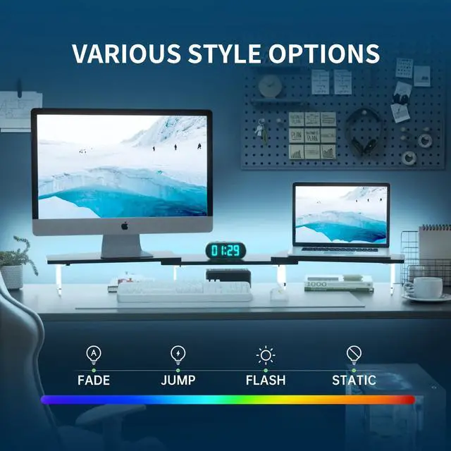 Alt view image 3 of 5 - LED Dual Monitor Stand Riser for 2 Monitors, Office Desktop Wooden Stand Adjustable Length and Angle 3 Shelf, Extra Long Multifunctional Stand up to 44.4" for Computer, Laptop, TV, Black