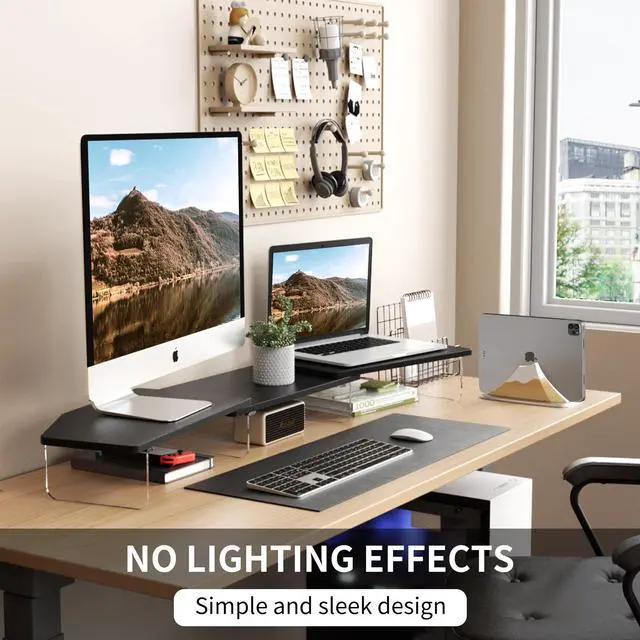 Alt view image 2 of 5 - LED Dual Monitor Stand Riser for 2 Monitors, Office Desktop Wooden Stand Adjustable Length and Angle 3 Shelf, Extra Long Multifunctional Stand up to 44.4" for Computer, Laptop, TV, Black