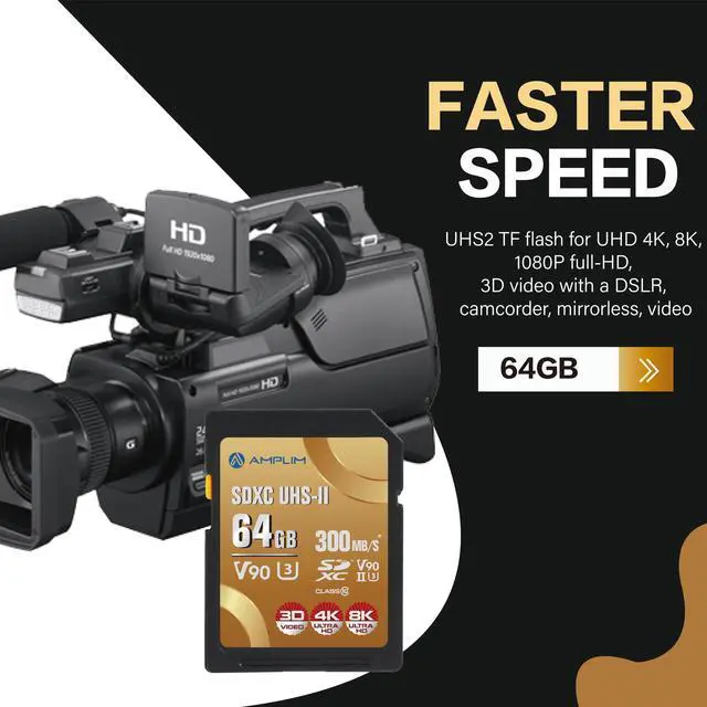 Alt view image 2 of 5 - Amplim 64GB V90 UHS-II SD SDXC Card, 300MB/S 2000X Read/Write Lightning Speed Performance, Extreme Read, U3 Secure Digital Memory Storage for Professional Photographer and Videographer