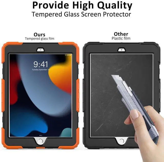 Alt view image 3 of 5 - Ambison Case for iPad 9th/8th/7th Generation 10.2'' 2021/2020/2019, [Kid Proof] Full Body Protective Case with 9H Tempered Glass Screen Protector, 360° Rotatable Kickstand/Hand Strap (Orange & Black)