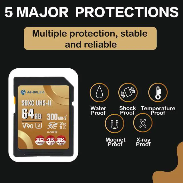 Alt view image 5 of 5 - Amplim 64GB V90 UHS-II SD SDXC Card, 300MB/S 2000X Read/Write Lightning Speed Performance, Extreme Read, U3 Secure Digital Memory Storage for Professional Photographer and Videographer