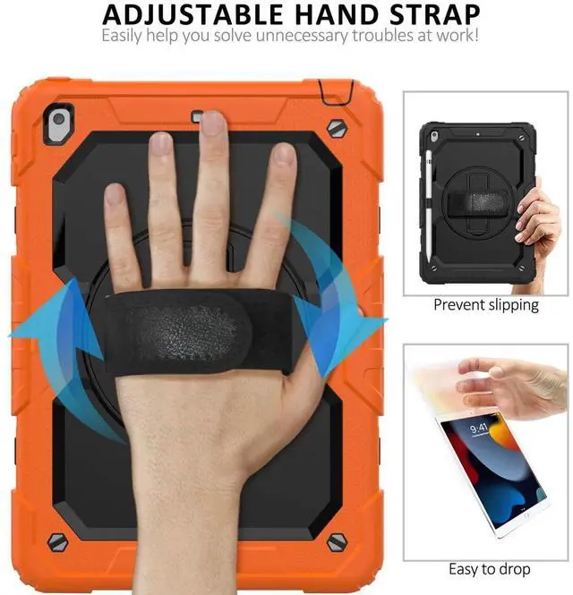 Alt view image 5 of 5 - Ambison Case for iPad 9th/8th/7th Generation 10.2'' 2021/2020/2019, [Kid Proof] Full Body Protective Case with 9H Tempered Glass Screen Protector, 360° Rotatable Kickstand/Hand Strap (Orange & Black)