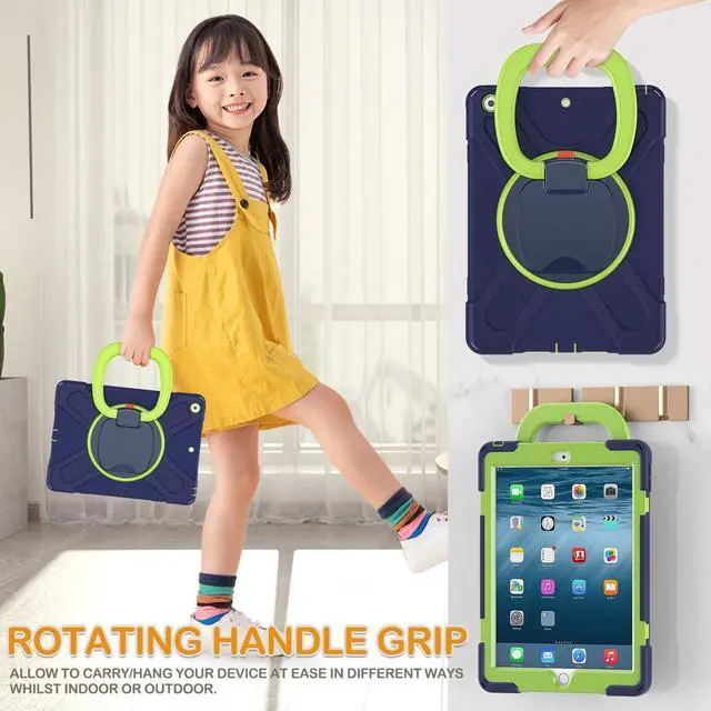 Alt view image 4 of 5 - BRAECN Kids Protective Case for iPad 10.2 Inch 9th/8th/7th Generation 2021/2020/2019 - Shockproof Hard Case with Kickstand, Handle Grip & Carrying Strap | Screen Protector & Pencil Holder - Navy+Green