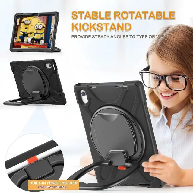 Alt view image 3 of 5 - BRAECN Case for iPad (A16) 11th/10th Generation 11/10.9'' 2025/2022, Protective Silicone Rugged with Screen Protector/Swivel Ring Stand/Stable Kickstand/Handle Grip/Shoulder Strap for Kids, Black