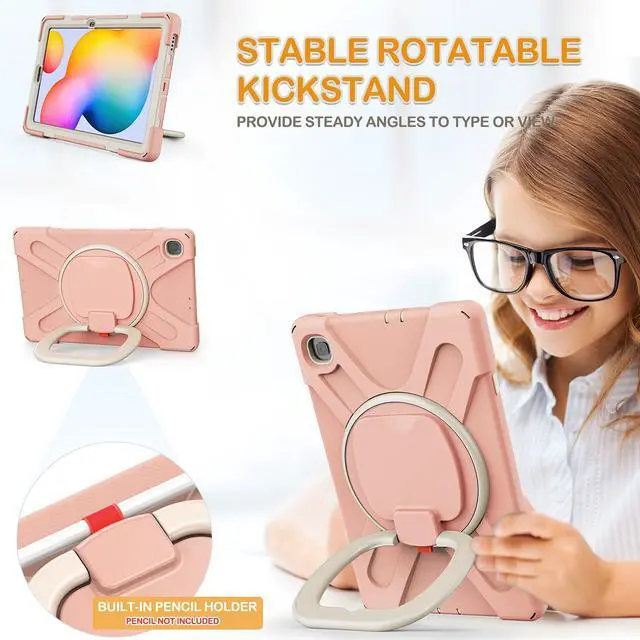 Alt view image 3 of 5 - BRAECN Kids Case for Samsung Galaxy Tab S6 Lite 10.4 2024 SM-P620, Silicone Cover with Hand Grip, Shoulder Strap, Kickstand, S Pen Holder for Tab S6 Lite 2022/2020 SM-P610/P615/P613/P619, Rose Gold
