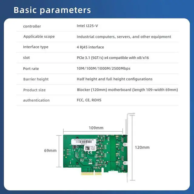 Alt view image 2 of 5 - Buacoz 2.5gb Network Card PCI-E X4 Quad Port Gigabit Ethernet LAN NIC Card RJ45, with Intel I225-V Chip Server Network Card Support for Windows 10/11 64-bit/Windows Server 2019/2022