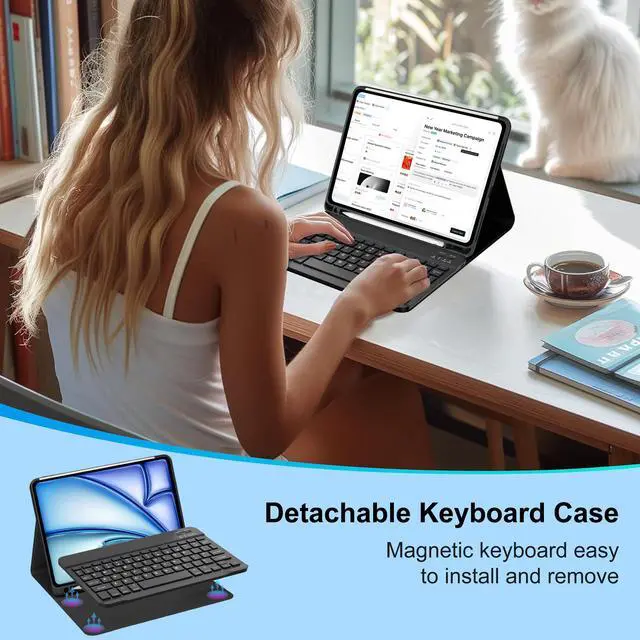Alt view image 4 of 5 - D DINGRICH iPad Air 11-inch M2 Case with Keyboard 2024, Smart Folio Leather Cover with Pencil Holder for iPad Air M2 11 inch, Rechargeable, Magnetic Wireless Keyboard for iPad Air 11 6th Gen - Black