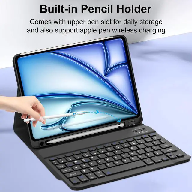 Alt view image 3 of 5 - D DINGRICH iPad Air 11-inch M2 Case with Keyboard 2024, Smart Folio Leather Cover with Pencil Holder for iPad Air M2 11 inch, Rechargeable, Magnetic Wireless Keyboard for iPad Air 11 6th Gen - Black
