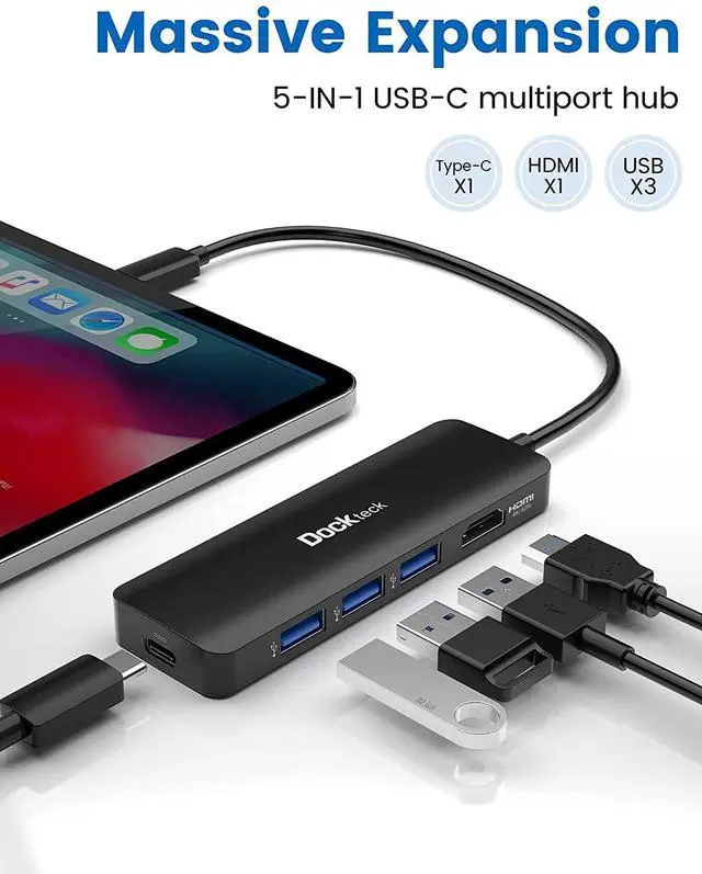 Alt view image 2 of 5 - USB C HUB 4K 60Hz, Dockteck USB-C Multiport Adapter 5-in-1 with 4K HDMI, 100W Power Delivery, 3 USB 3.0 Data Port for MacBook Pro/Air M1 2020, iPad Pro 2021, iPad Mini 6, Surface Pro and More