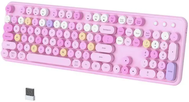 Main image of COVEVA Colorful Wireless Bluetooth Keyboard, 2.4G & Dual Bluetooth Multi-Device, Typewriter Retro Round Keycaps 104 Keys Full-Size for PC Laptop Tablet Phone (Pink-Colorful)