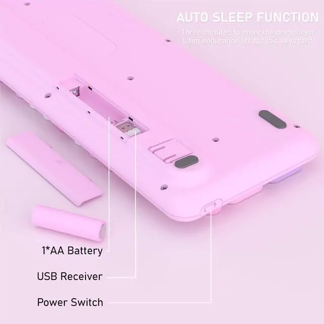 Alt view image 5 of 5 - COVEVA Colorful Wireless Bluetooth Keyboard, 2.4G & Dual Bluetooth Multi-Device, Typewriter Retro Round Keycaps 104 Keys Full-Size for PC Laptop Tablet Phone (Pink-Colorful)