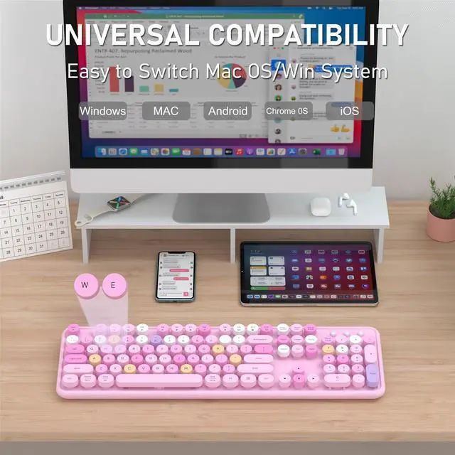 Alt view image 4 of 5 - COVEVA Colorful Wireless Bluetooth Keyboard, 2.4G & Dual Bluetooth Multi-Device, Typewriter Retro Round Keycaps 104 Keys Full-Size for PC Laptop Tablet Phone (Pink-Colorful)