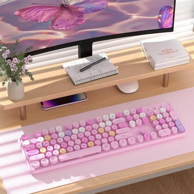 Alt view image 2 of 5 - COVEVA Colorful Wireless Bluetooth Keyboard, 2.4G & Dual Bluetooth Multi-Device, Typewriter Retro Round Keycaps 104 Keys Full-Size for PC Laptop Tablet Phone (Pink-Colorful)